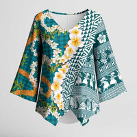 Hawaiian Plumeria Lei Kimono Sleeve Blouse Kakau Motifs and Palaka Half Style Turquoise Color LT03 Female Turquoise - Polynesian Pride