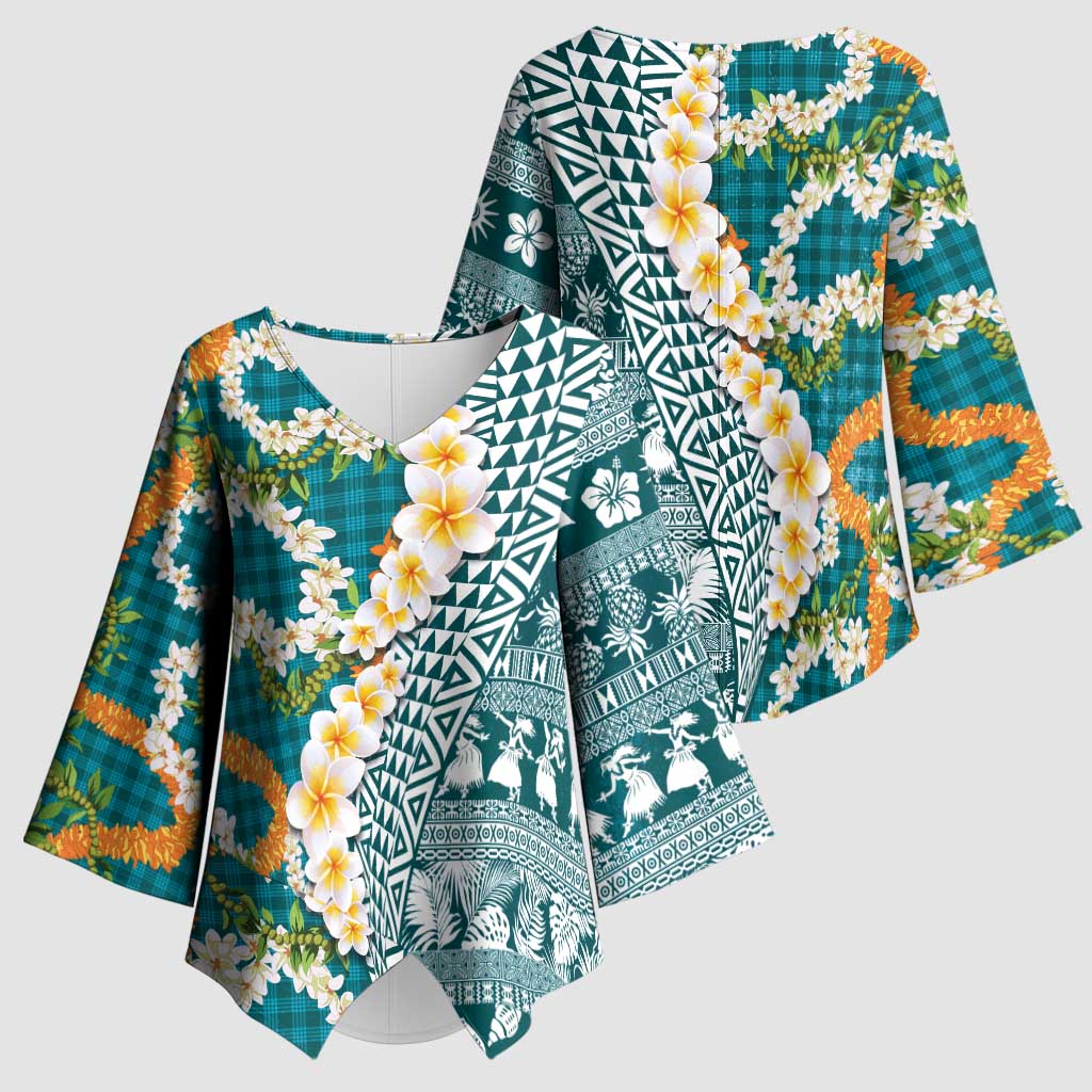 Hawaiian Plumeria Lei Kimono Sleeve Blouse Kakau Motifs and Palaka Half Style Turquoise Color LT03 - Polynesian Pride