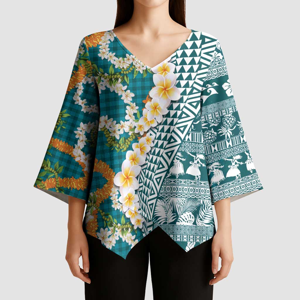 Hawaiian Plumeria Lei Kimono Sleeve Blouse Kakau Motifs and Palaka Half Style Turquoise Color LT03 - Polynesian Pride