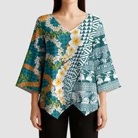 Hawaiian Plumeria Lei Kimono Sleeve Blouse Kakau Motifs and Palaka Half Style Turquoise Color LT03 - Polynesian Pride