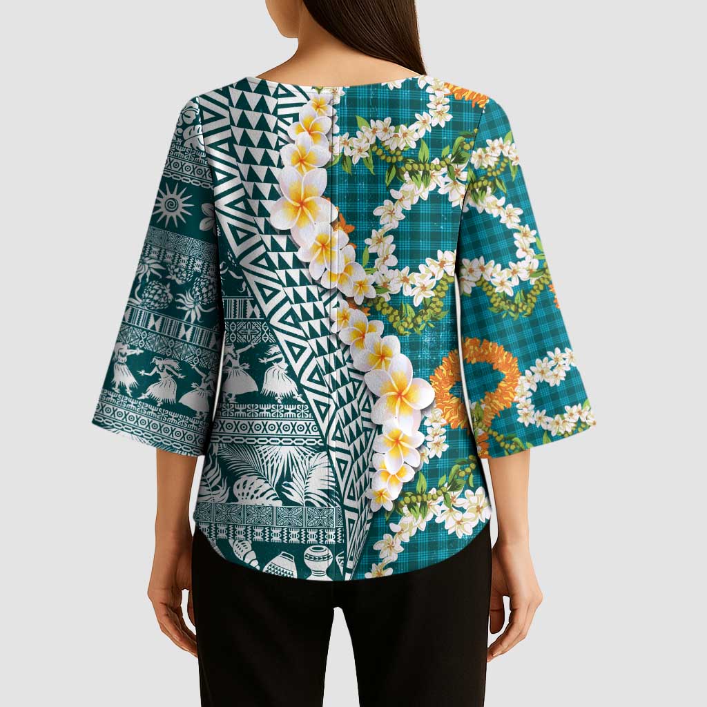 Hawaiian Plumeria Lei Kimono Sleeve Blouse Kakau Motifs and Palaka Half Style Turquoise Color LT03 - Polynesian Pride