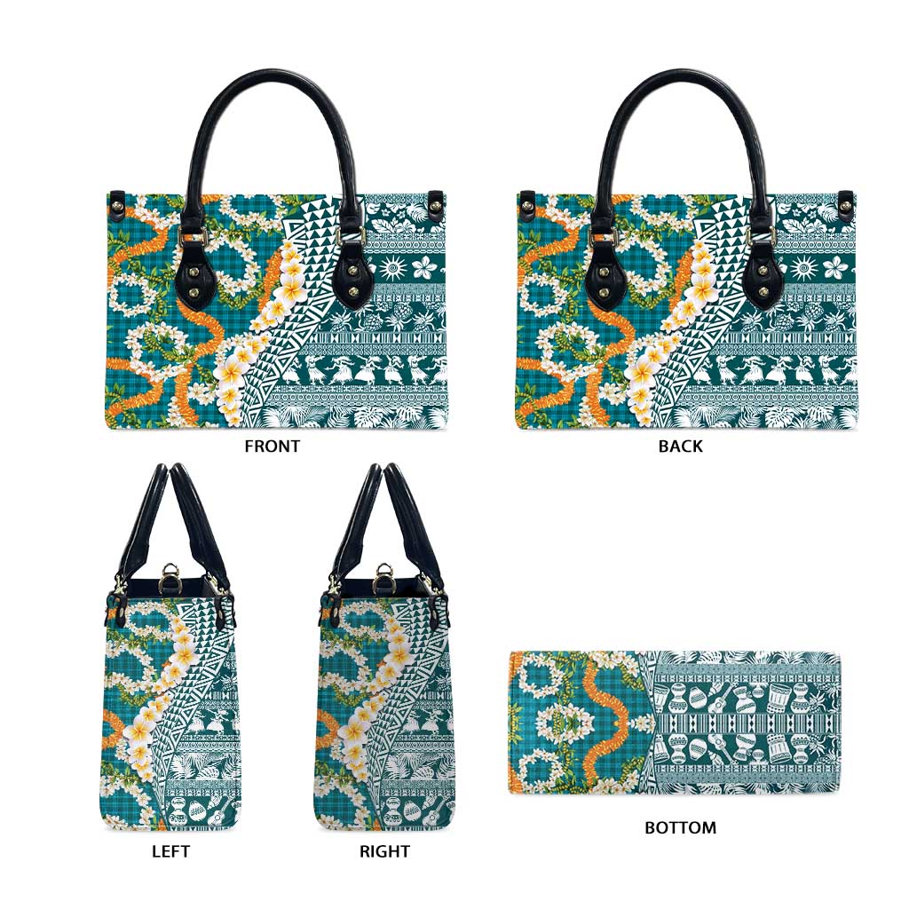 Hawaiian Plumeria Lei Leather Bag Kakau Motifs and Palaka Half Style Turquoise Color LT03 - Polynesian Pride
