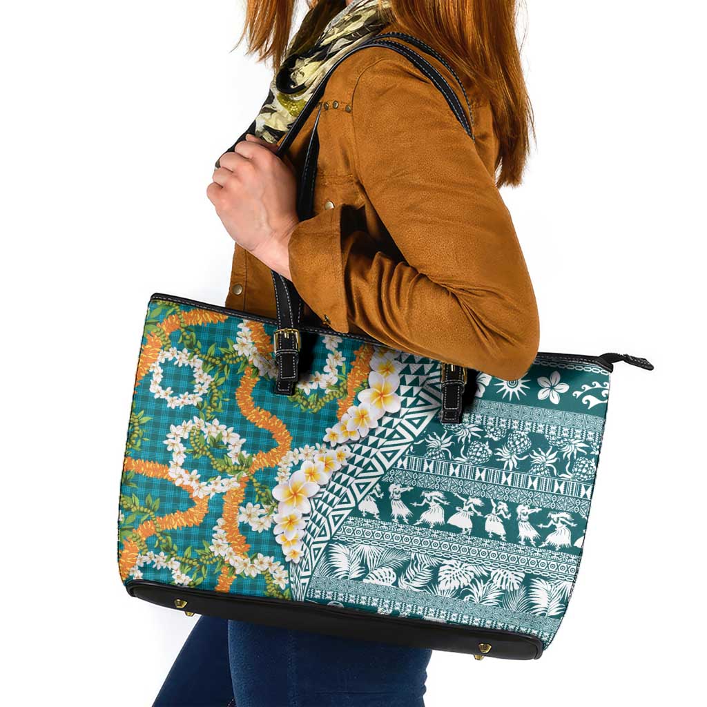 Hawaiian Plumeria Lei Leather Tote Bag Kakau Motifs and Palaka Half Style Turquoise Color LT03 Turquoise - Polynesian Pride