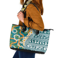 Hawaiian Plumeria Lei Leather Tote Bag Kakau Motifs and Palaka Half Style Turquoise Color LT03 Turquoise - Polynesian Pride