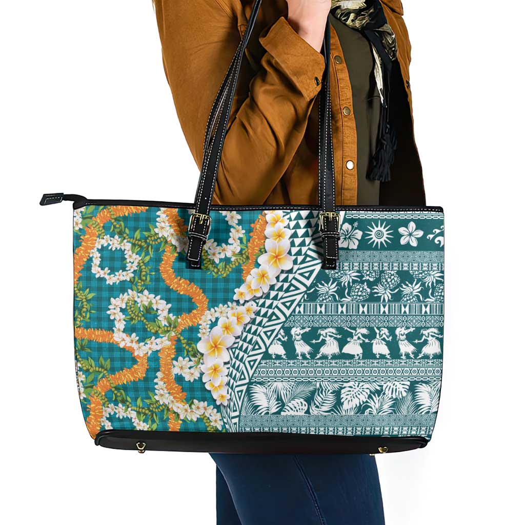 Hawaiian Plumeria Lei Leather Tote Bag Kakau Motifs and Palaka Half Style Turquoise Color LT03 - Polynesian Pride