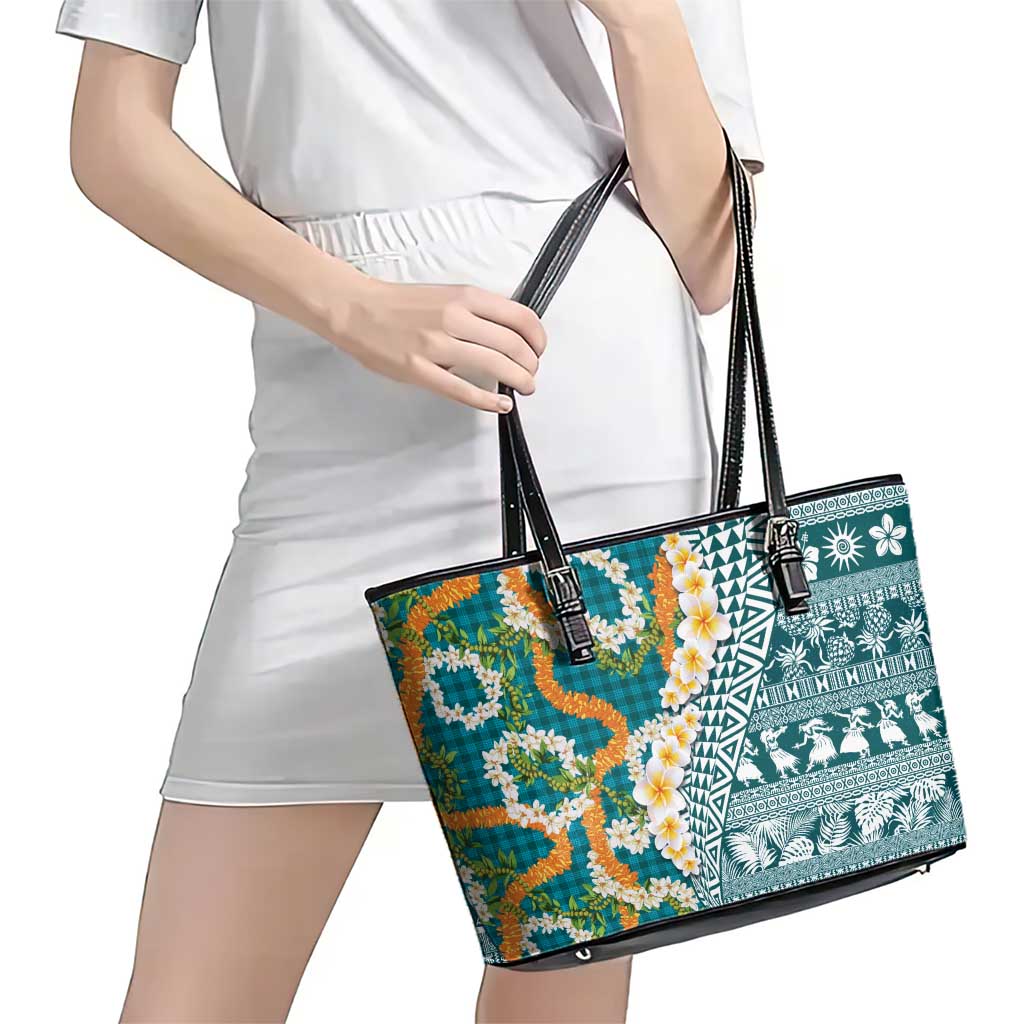 Hawaiian Plumeria Lei Leather Tote Bag Kakau Motifs and Palaka Half Style Turquoise Color LT03 - Polynesian Pride