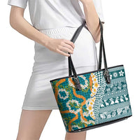 Hawaiian Plumeria Lei Leather Tote Bag Kakau Motifs and Palaka Half Style Turquoise Color LT03 - Polynesian Pride