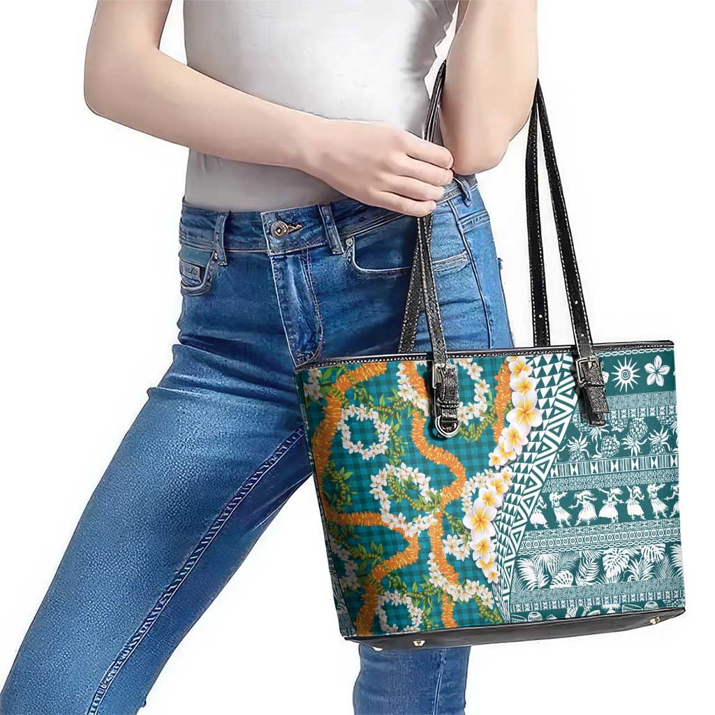 Hawaiian Plumeria Lei Leather Tote Bag Kakau Motifs and Palaka Half Style Turquoise Color LT03 - Polynesian Pride