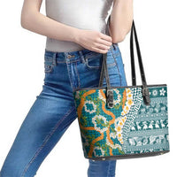 Hawaiian Plumeria Lei Leather Tote Bag Kakau Motifs and Palaka Half Style Turquoise Color LT03 - Polynesian Pride