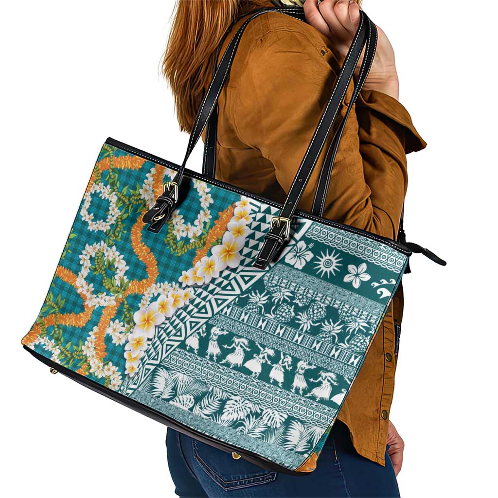 Hawaiian Plumeria Lei Leather Tote Bag Kakau Motifs and Palaka Half Style Turquoise Color LT03 - Polynesian Pride