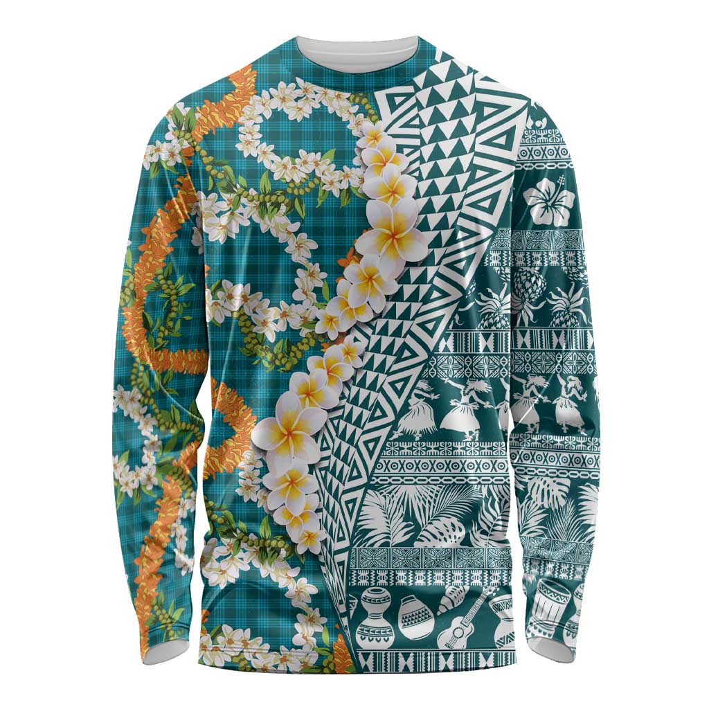Hawaiian Plumeria Lei Long Sleeve Shirt Kakau Motifs and Palaka Half Style Turquoise Color LT03 Unisex Turquoise - Polynesian Pride