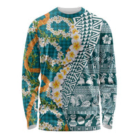 Hawaiian Plumeria Lei Long Sleeve Shirt Kakau Motifs and Palaka Half Style Turquoise Color LT03 Unisex Turquoise - Polynesian Pride