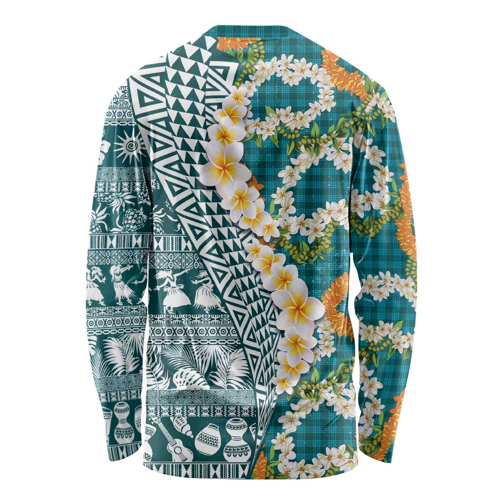 Hawaiian Plumeria Lei Long Sleeve Shirt Kakau Motifs and Palaka Half Style Turquoise Color LT03 - Polynesian Pride
