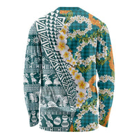 Hawaiian Plumeria Lei Long Sleeve Shirt Kakau Motifs and Palaka Half Style Turquoise Color LT03 - Polynesian Pride