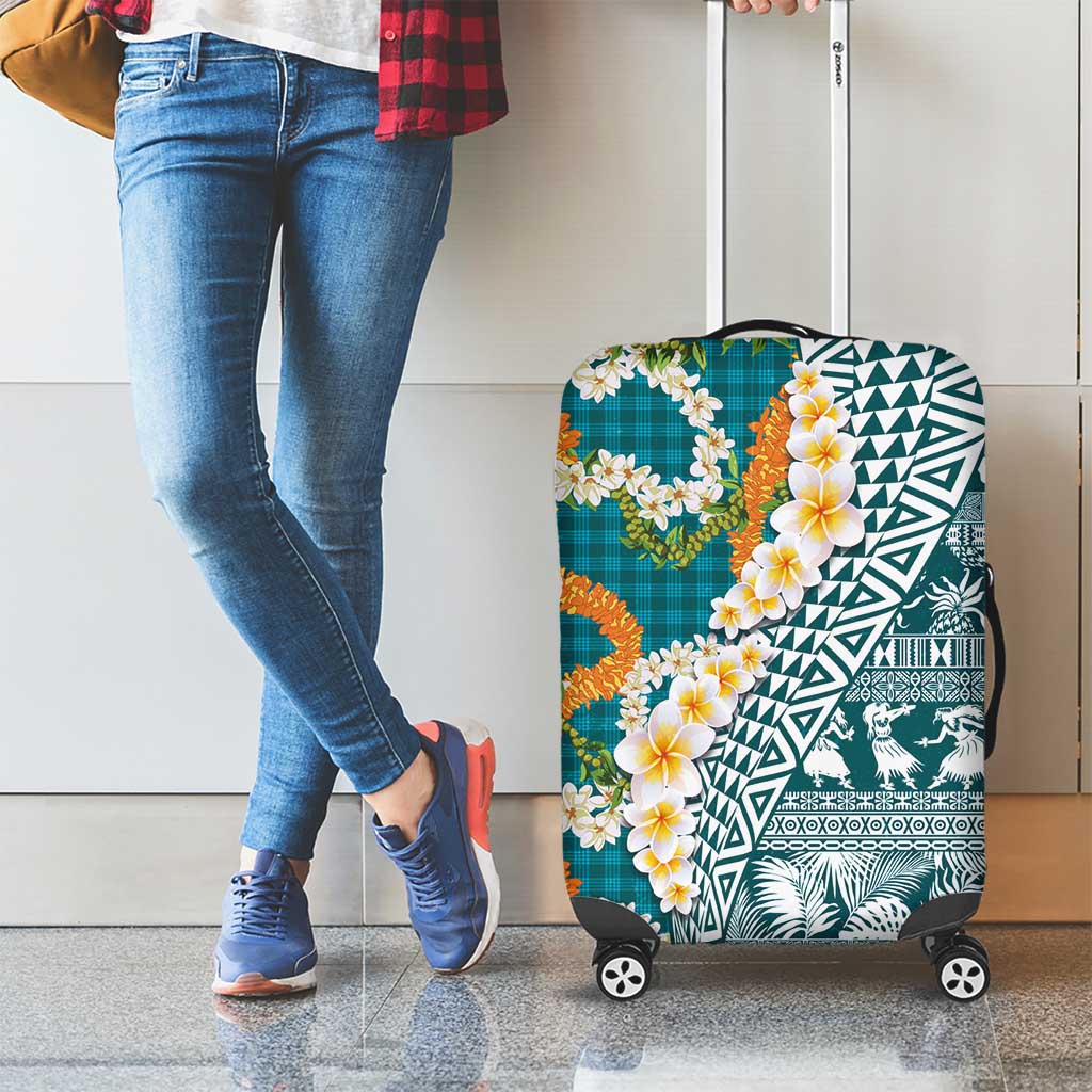 Hawaiian Plumeria Lei Luggage Cover Kakau Motifs and Palaka Half Style Turquoise Color - Polynesian Pride