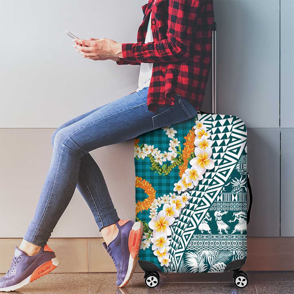 Hawaiian Plumeria Lei Luggage Cover Kakau Motifs and Palaka Half Style Turquoise Color - Polynesian Pride