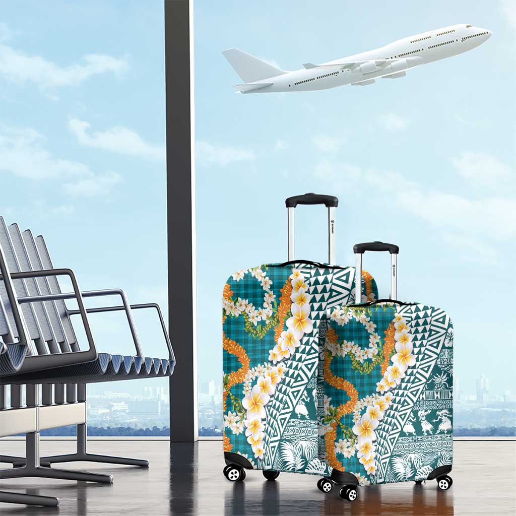 Hawaiian Plumeria Lei Luggage Cover Kakau Motifs and Palaka Half Style Turquoise Color - Polynesian Pride