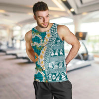 Hawaiian Plumeria Lei Men Tank Top Kakau Motifs and Palaka Half Style Turquoise Color LT03 Turquoise - Polynesian Pride