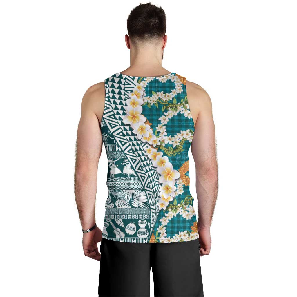 Hawaiian Plumeria Lei Men Tank Top Kakau Motifs and Palaka Half Style Turquoise Color LT03 - Polynesian Pride