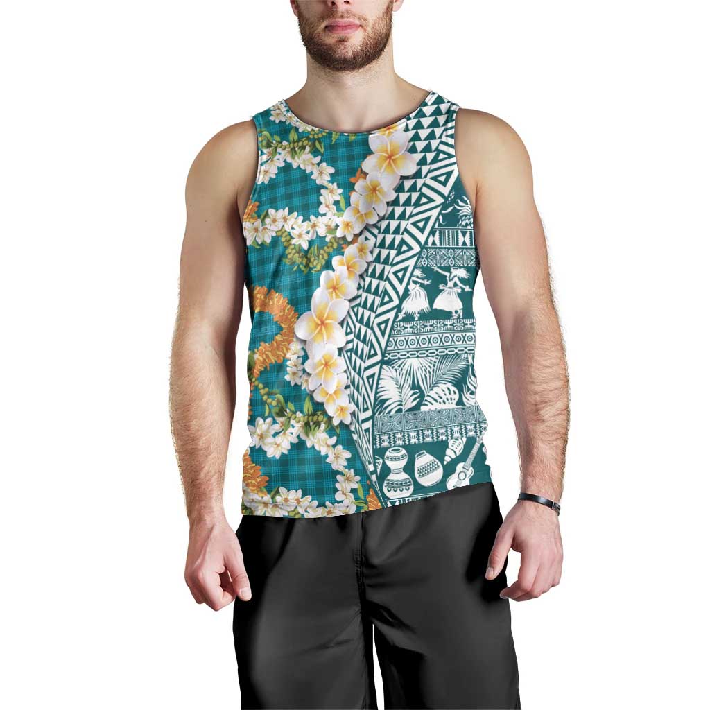 Hawaiian Plumeria Lei Men Tank Top Kakau Motifs and Palaka Half Style Turquoise Color LT03 - Polynesian Pride