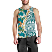 Hawaiian Plumeria Lei Men Tank Top Kakau Motifs and Palaka Half Style Turquoise Color LT03 - Polynesian Pride