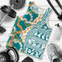Hawaiian Plumeria Lei Men Tank Top Kakau Motifs and Palaka Half Style Turquoise Color LT03 - Polynesian Pride