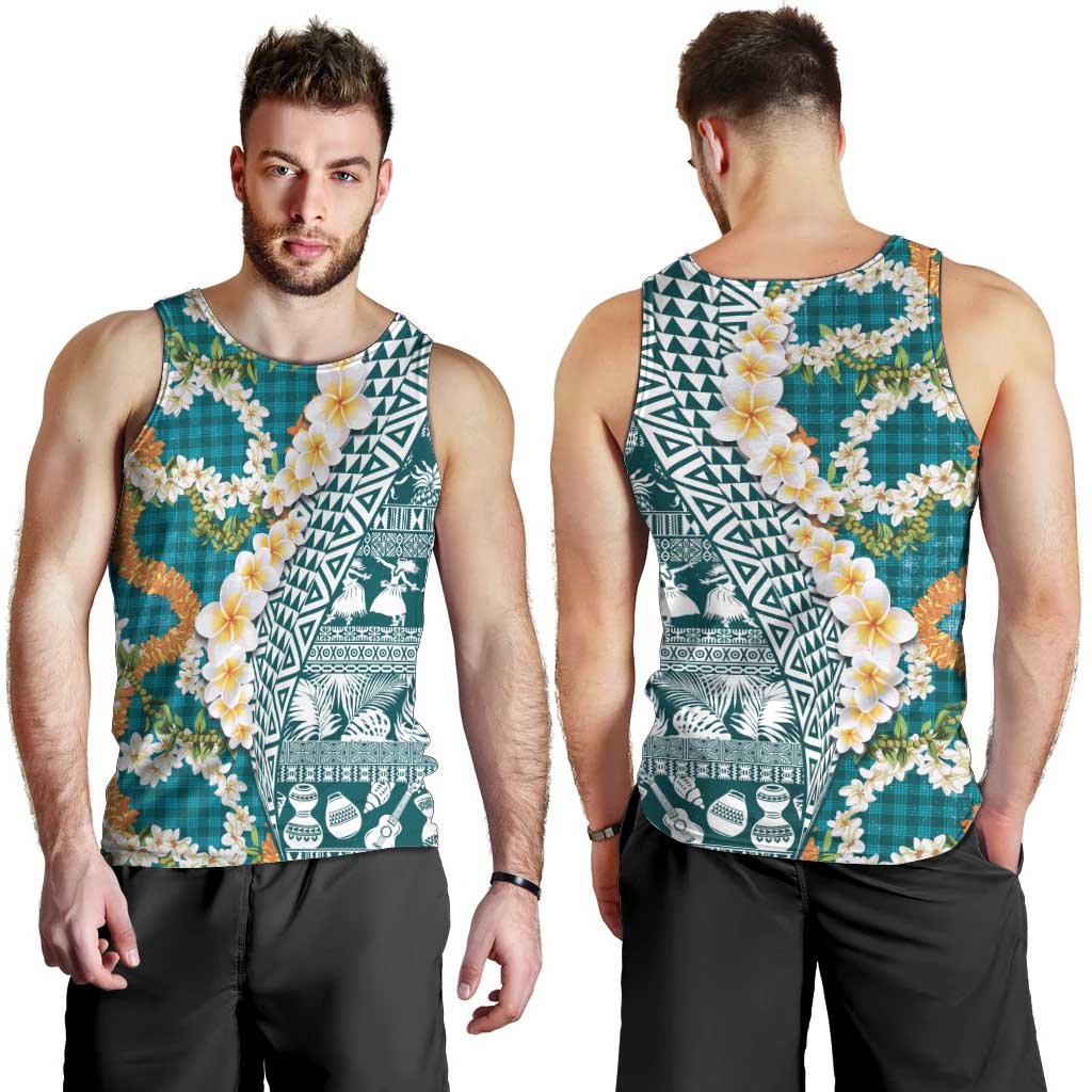 Hawaiian Plumeria Lei Men Tank Top Kakau Motifs and Palaka Half Style Turquoise Color LT03 - Polynesian Pride