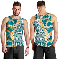 Hawaiian Plumeria Lei Men Tank Top Kakau Motifs and Palaka Half Style Turquoise Color LT03 - Polynesian Pride
