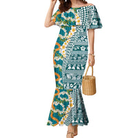 Hawaiian Plumeria Lei Mermaid Dress Kakau Motifs and Palaka Half Style Turquoise Color - Polynesian Pride