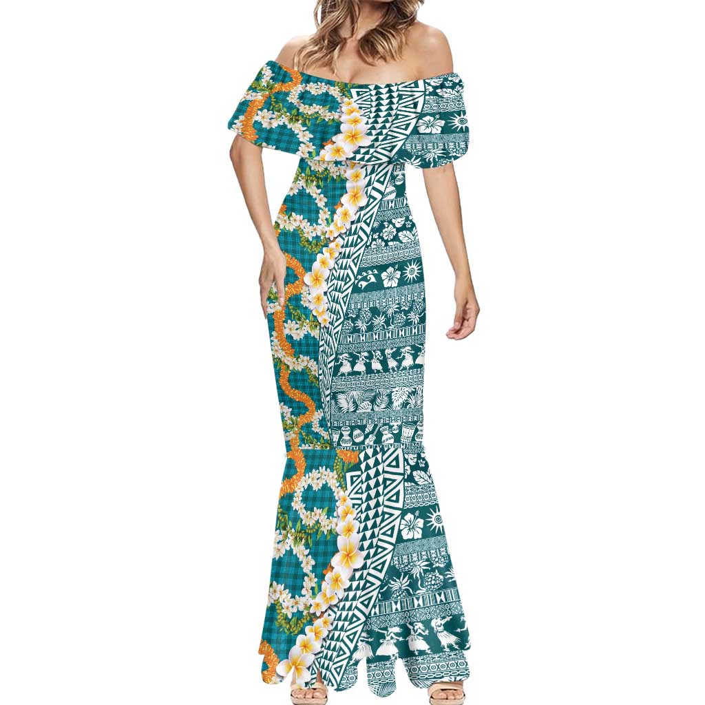 Hawaiian Plumeria Lei Mermaid Dress Kakau Motifs and Palaka Half Style Turquoise Color - Polynesian Pride