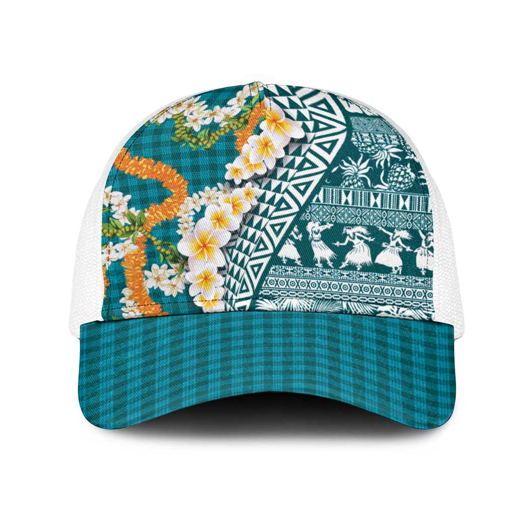 Hawaiian Plumeria Lei Mesh Trucker Cap Kakau Motifs and Palaka Half Style Turquoise Color LT03 One Size White Turquoise - Polynesian Pride