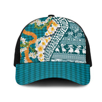 Hawaiian Plumeria Lei Mesh Trucker Cap Kakau Motifs and Palaka Half Style Turquoise Color LT03 One Size Black Turquoise - Polynesian Pride