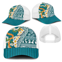 Hawaiian Plumeria Lei Mesh Trucker Cap Kakau Motifs and Palaka Half Style Turquoise Color LT03 - Polynesian Pride