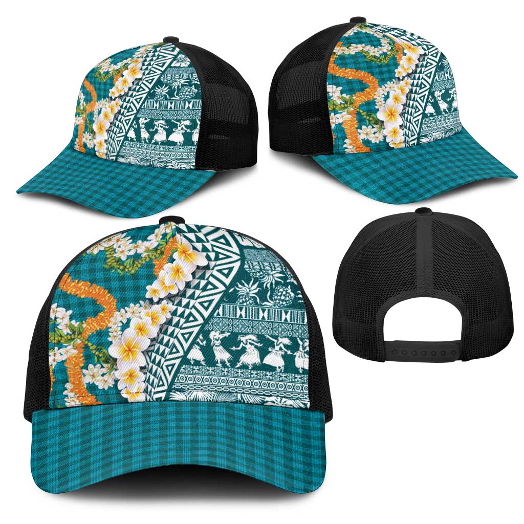 Hawaiian Plumeria Lei Mesh Trucker Cap Kakau Motifs and Palaka Half Style Turquoise Color LT03 - Polynesian Pride