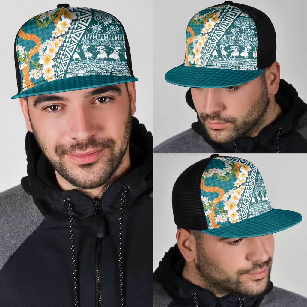 Hawaiian Plumeria Lei Mesh Trucker Cap Kakau Motifs and Palaka Half Style Turquoise Color LT03 - Polynesian Pride