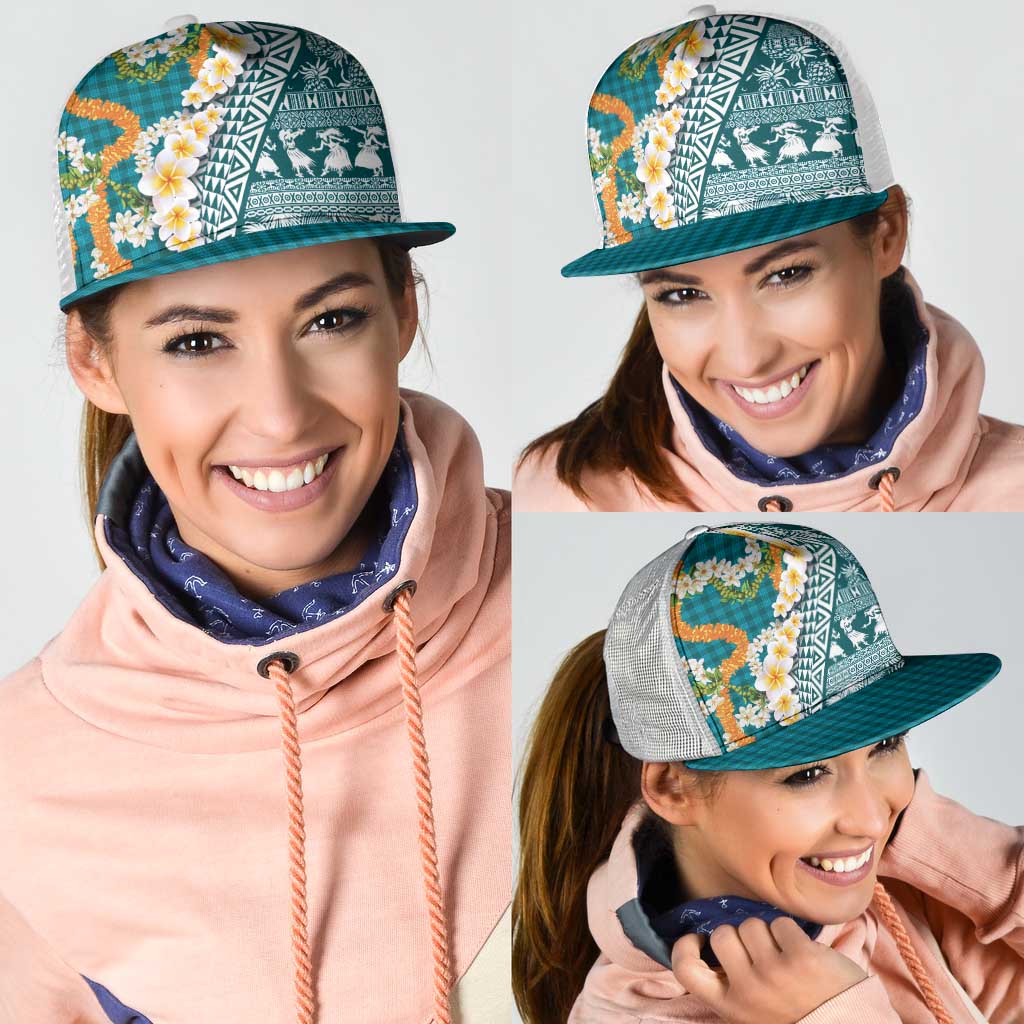 Hawaiian Plumeria Lei Mesh Trucker Cap Kakau Motifs and Palaka Half Style Turquoise Color LT03 - Polynesian Pride