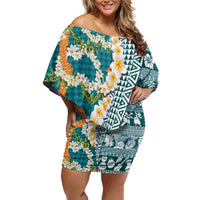Hawaiian Plumeria Lei Off Shoulder Short Dress Kakau Motifs and Palaka Half Style Turquoise Color LT03 Women Turquoise - Polynesian Pride
