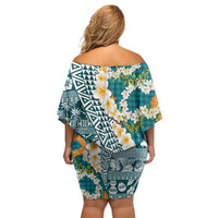 Hawaiian Plumeria Lei Off Shoulder Short Dress Kakau Motifs and Palaka Half Style Turquoise Color LT03 - Polynesian Pride