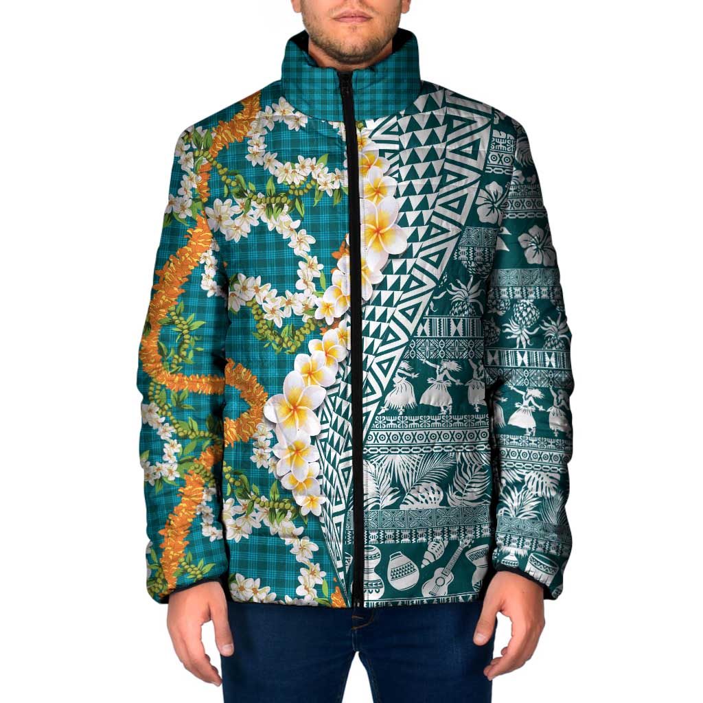 Hawaiian Plumeria Lei Padded Jacket Kakau Motifs and Palaka Half Style Turquoise Color LT03 Men Turquoise - Polynesian Pride