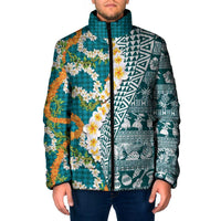 Hawaiian Plumeria Lei Padded Jacket Kakau Motifs and Palaka Half Style Turquoise Color LT03 Men Turquoise - Polynesian Pride
