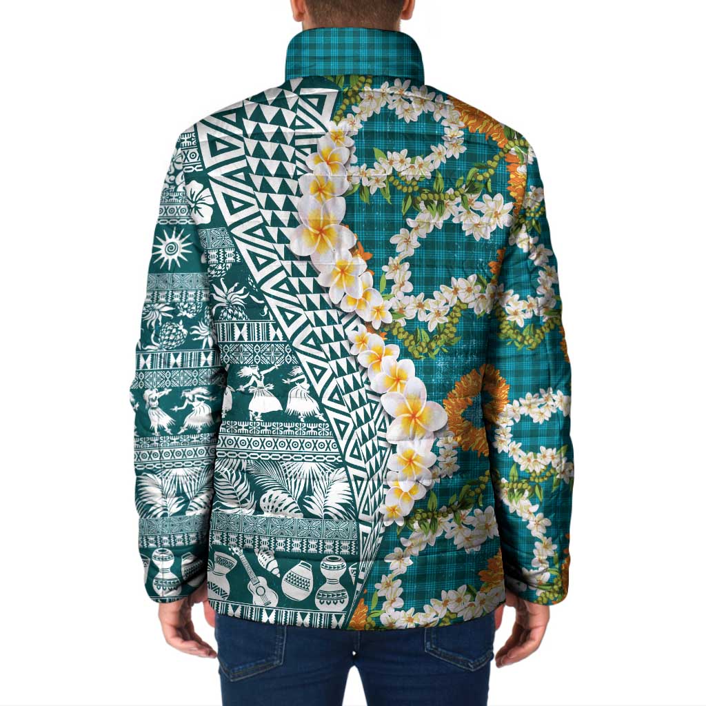 Hawaiian Plumeria Lei Padded Jacket Kakau Motifs and Palaka Half Style Turquoise Color LT03 - Polynesian Pride
