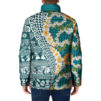 Hawaiian Plumeria Lei Padded Jacket Kakau Motifs and Palaka Half Style Turquoise Color LT03 - Polynesian Pride