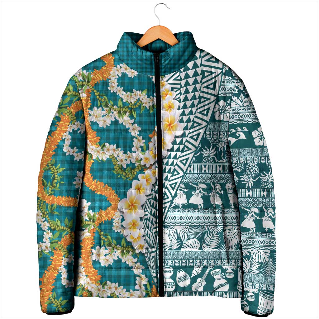 Hawaiian Plumeria Lei Padded Jacket Kakau Motifs and Palaka Half Style Turquoise Color LT03 - Polynesian Pride