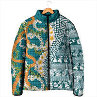 Hawaiian Plumeria Lei Padded Jacket Kakau Motifs and Palaka Half Style Turquoise Color LT03 - Polynesian Pride
