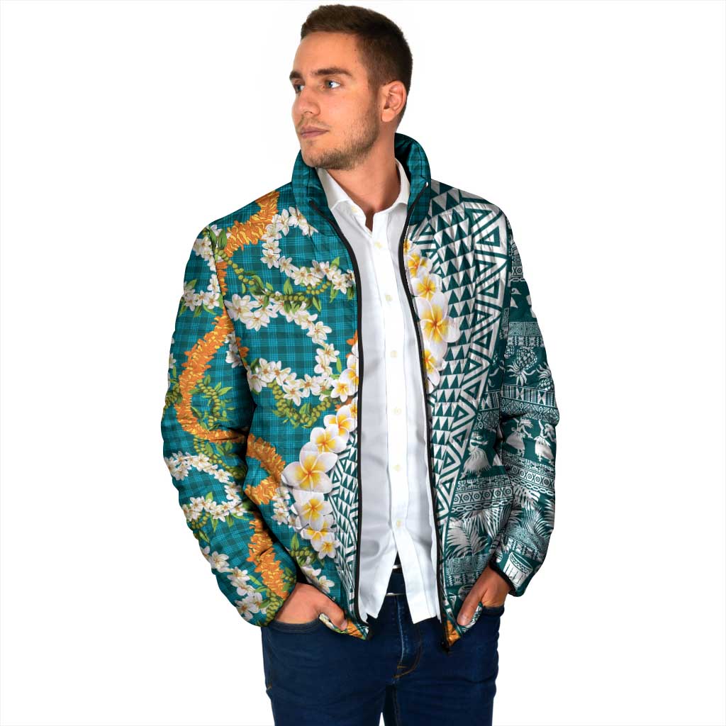 Hawaiian Plumeria Lei Padded Jacket Kakau Motifs and Palaka Half Style Turquoise Color LT03 - Polynesian Pride