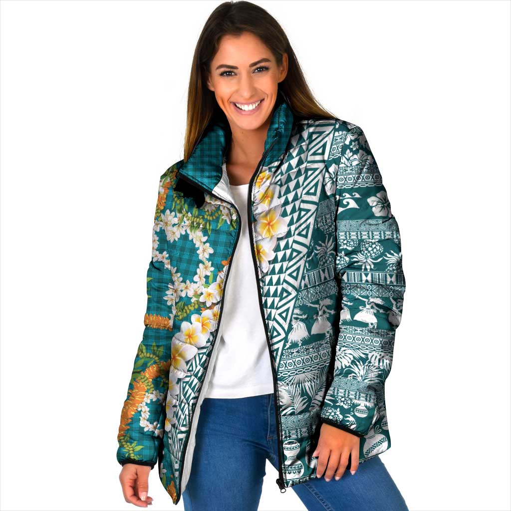 Hawaiian Plumeria Lei Padded Jacket Kakau Motifs and Palaka Half Style Turquoise Color LT03 Women Turquoise - Polynesian Pride