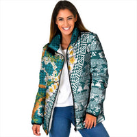Hawaiian Plumeria Lei Padded Jacket Kakau Motifs and Palaka Half Style Turquoise Color LT03 Women Turquoise - Polynesian Pride