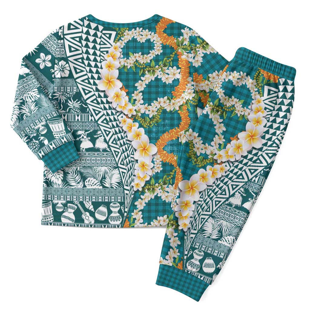 Hawaiian Plumeria Lei Christmas Pajama Set Kakau Motifs and Palaka Half Style Turquoise Color - Polynesian Pride
