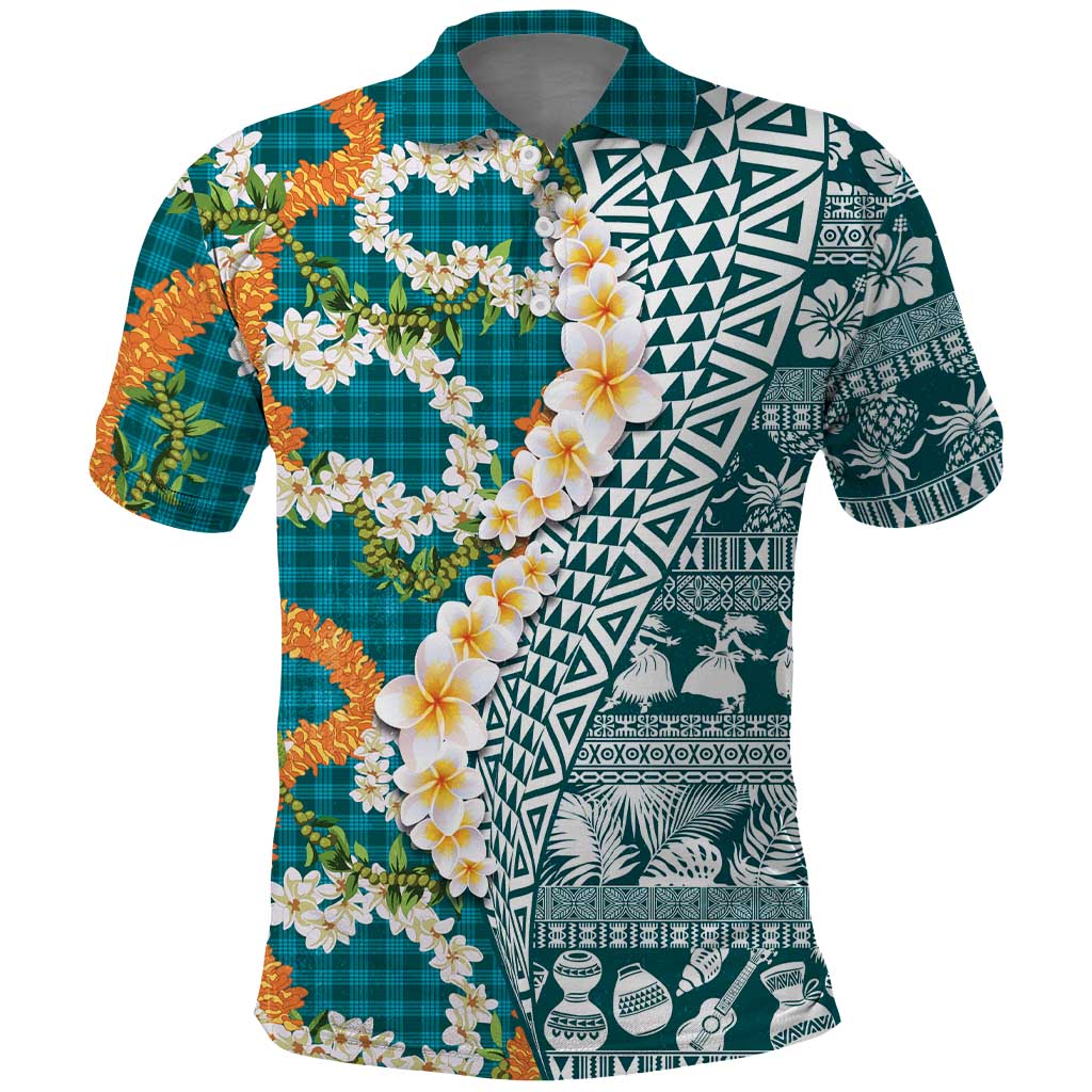 Hawaiian Plumeria Lei Polo Shirt Kakau Motifs and Palaka Half Style Turquoise Color LT03 Turquoise - Polynesian Pride