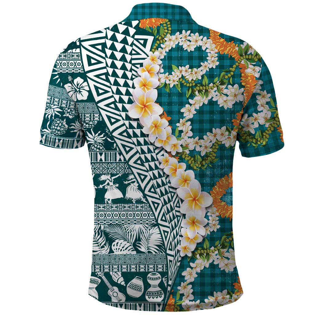 Hawaiian Plumeria Lei Polo Shirt Kakau Motifs and Palaka Half Style Turquoise Color LT03 - Polynesian Pride
